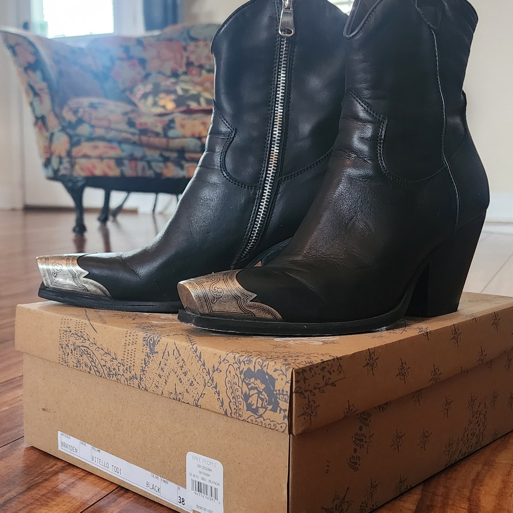 Free People Black Leather Western Zip Ankle Boots with Metallic Toe Cap
